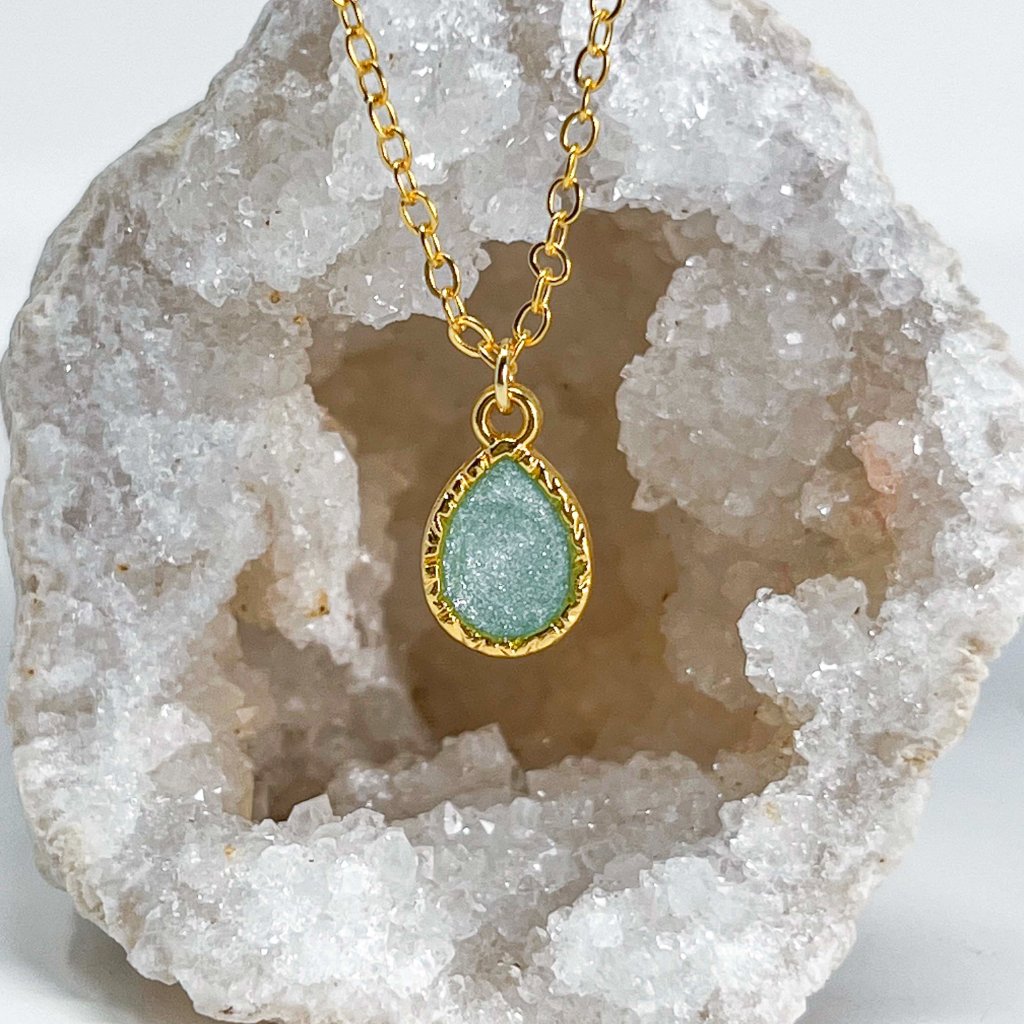 320 14k Gold Turquoise Glitter Resin Teardrop Charm Handmade Pendant Necklace 13$